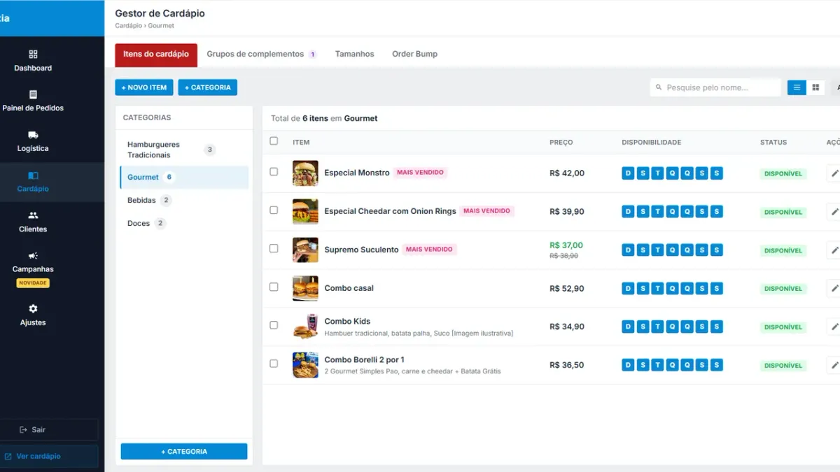 Gestor de cardápio digital com categorias, itens, grupos de complementos e tamanhos
