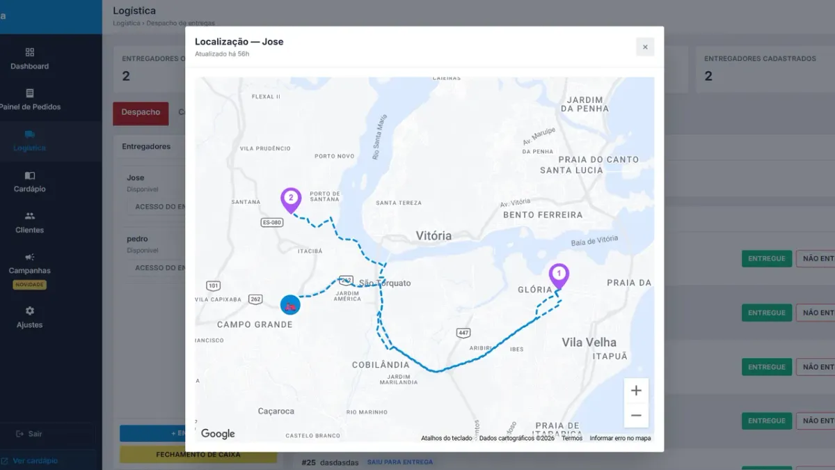 Mapa de entregas do delivery usado para definir taxa de entrega por bairro
