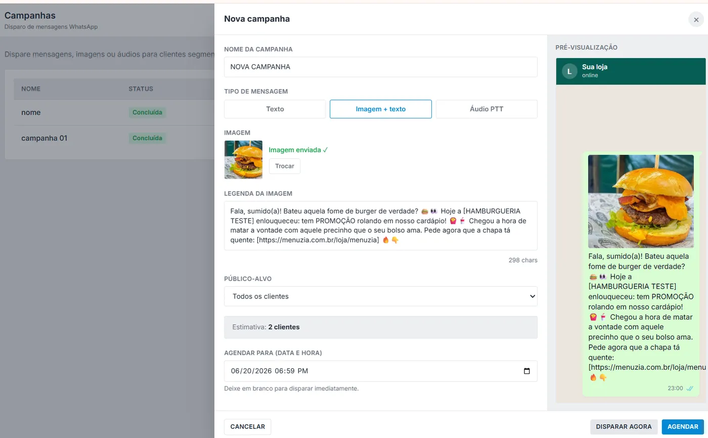 Campanhas WhatsApp Menuzia