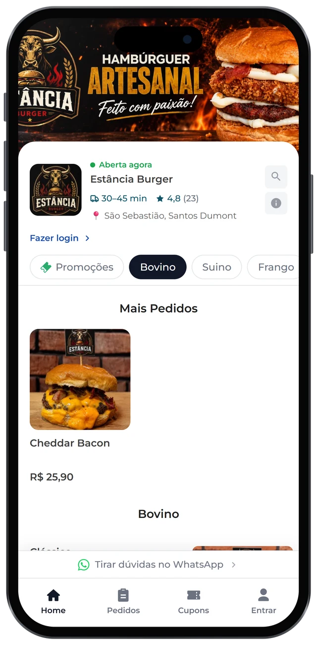 Cardápio digital Menuzia no celular — vitrine da Estância Burger