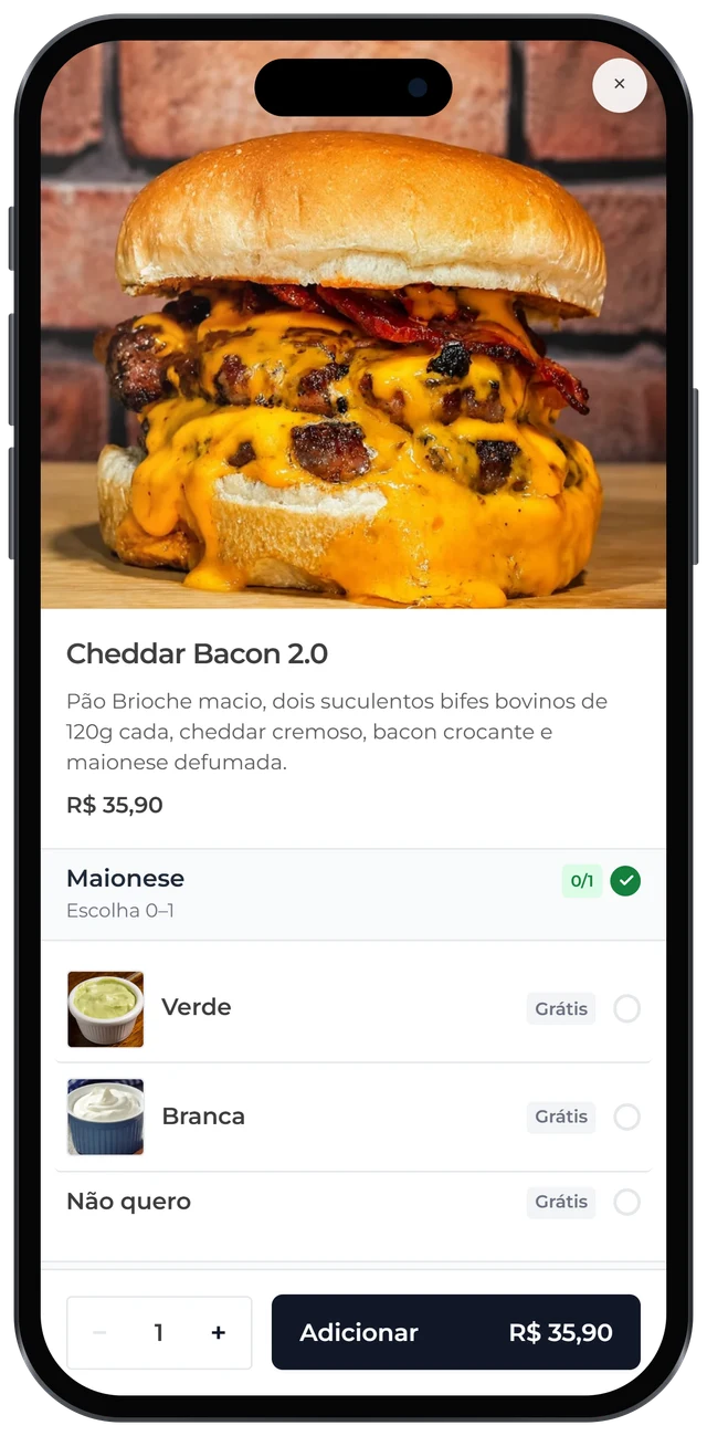 Produto aberto no cardápio digital com escolha de molhos e adicionais