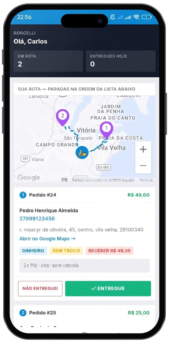 Aplicativo do entregador Menuzia com rota e controle de troco