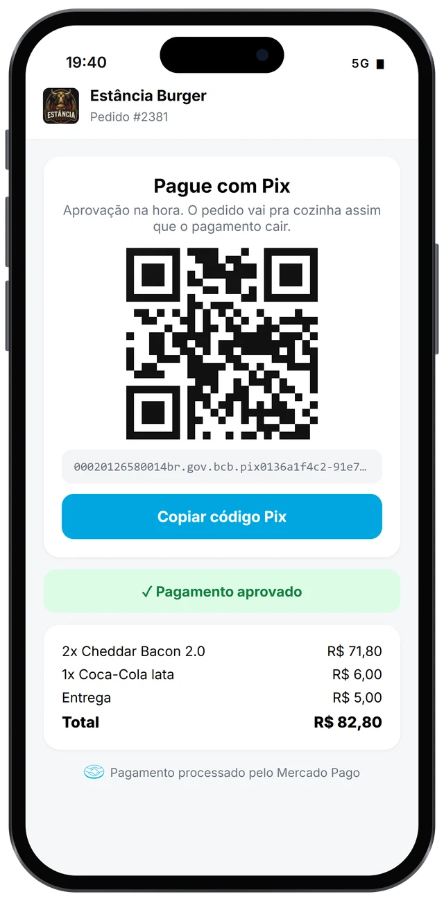Tela de pagamento Pix pelo Mercado Pago no cardápio digital Menuzia