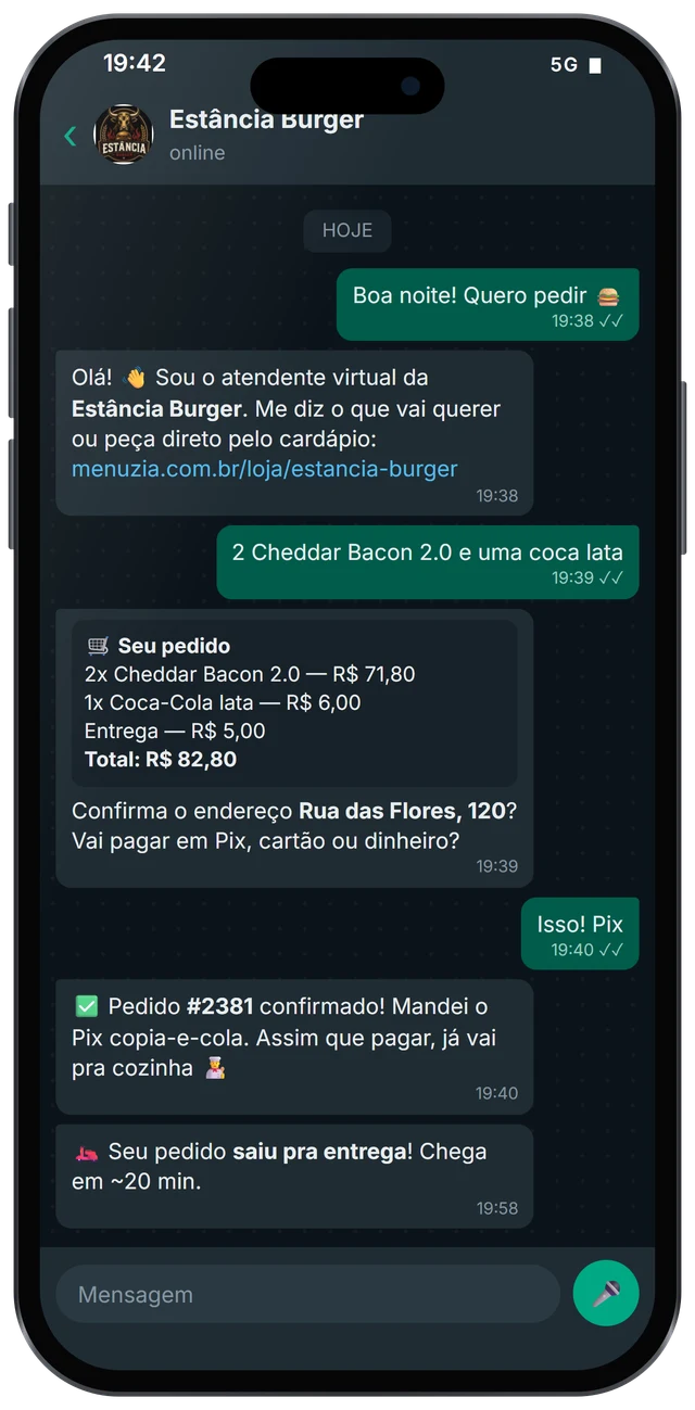 Robô de atendimento do Menuzia tirando um pedido no WhatsApp