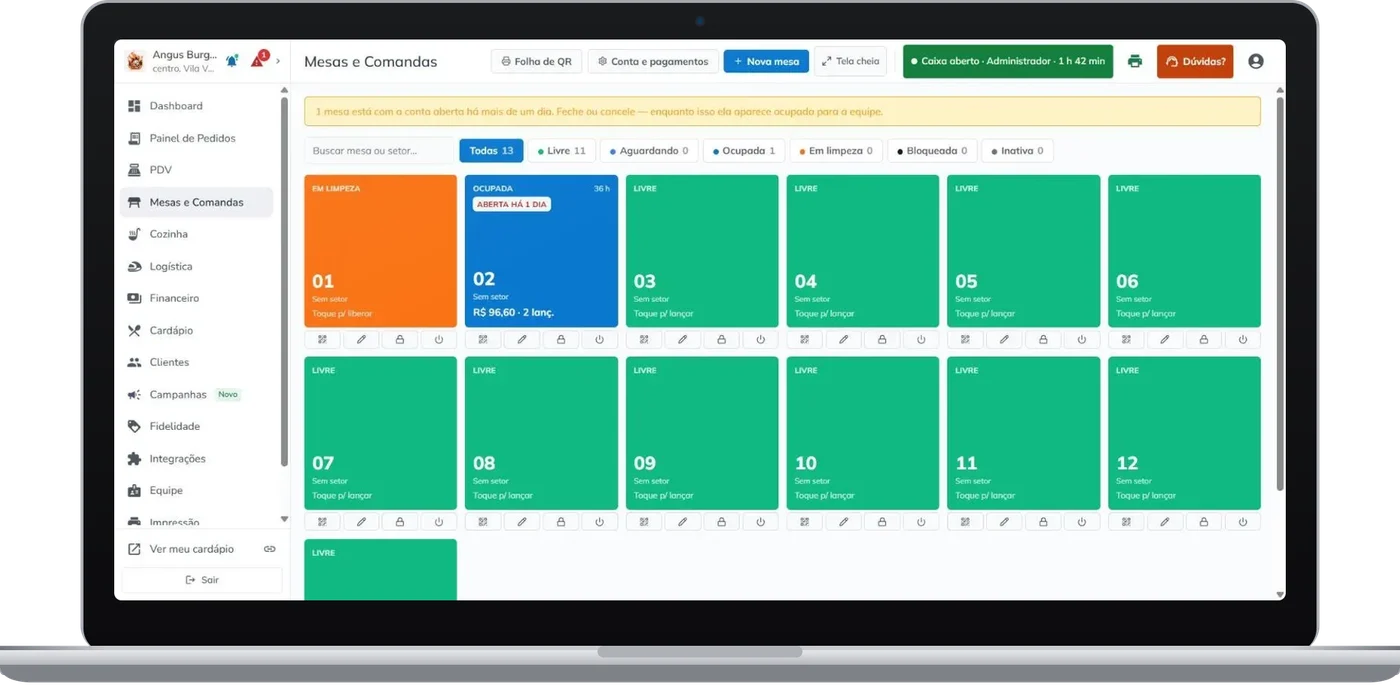 Painel de mesas e comandas do Menuzia com status livre, ocupada e em limpeza